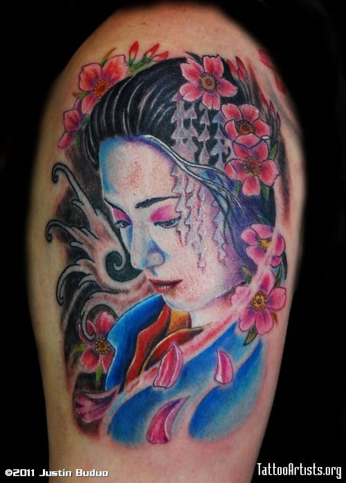 Color Geisha Girl Tattoo On Shoulder