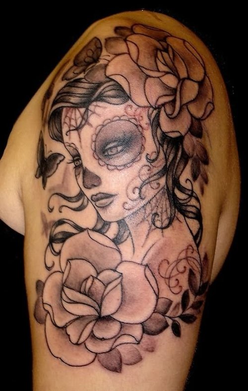 Rose And Candy Skull Girl Tattoo On Shoulder