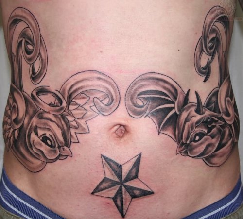 Angel And Devil Swallows Nautical Star Girl Belly Tattoo
