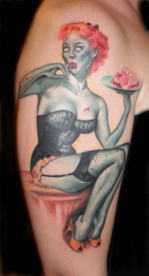 Pinup Girl Tattoo On Right Half Sleeve