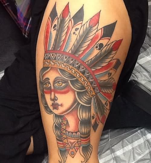 Traditional Girl Head Tattoo On Sleeve