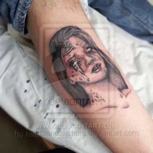 Zombie Girl Face Tattoo On Leg