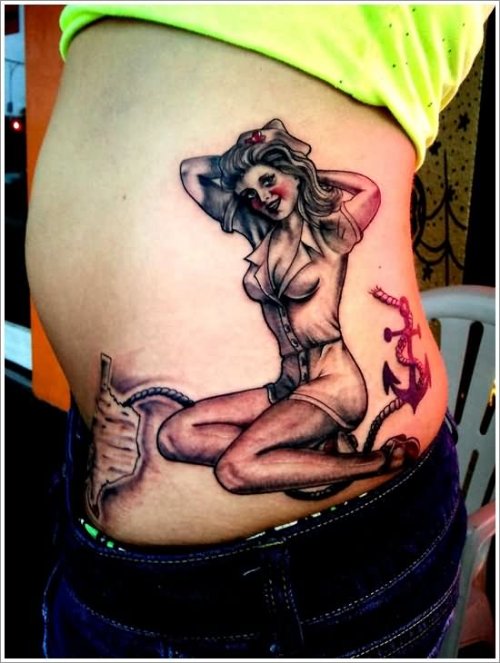 Sailor Pin Up Girl Tattoo On Side Rib