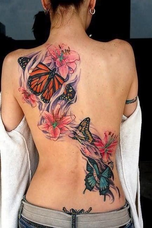 Pink Flowers And Butterflies Girl Tattoo On Back