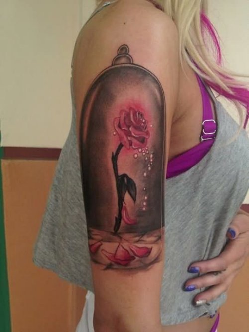 Amazing Glass Tattoo On Girl Right Half Sleeve