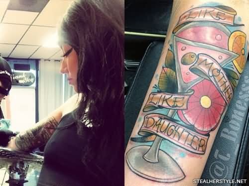 Left Half Sleeve Flowers And Banner With Glass Tattoo