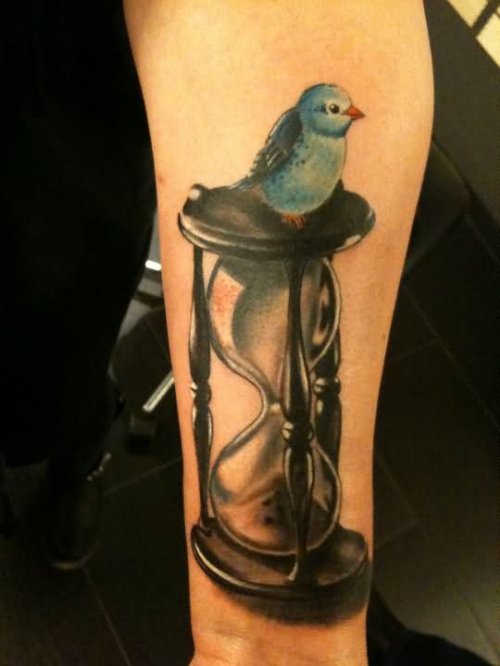 Bird Sitting On Hourglass Tattoo On Arm Sleeve