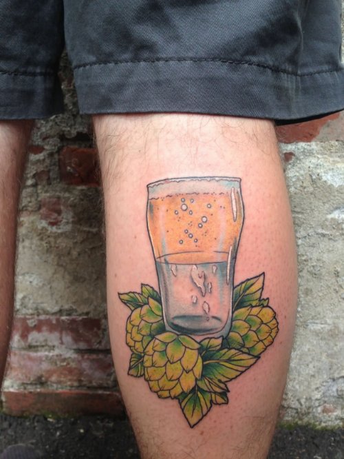 Vegetable Juice Glass Tattoo On Leg