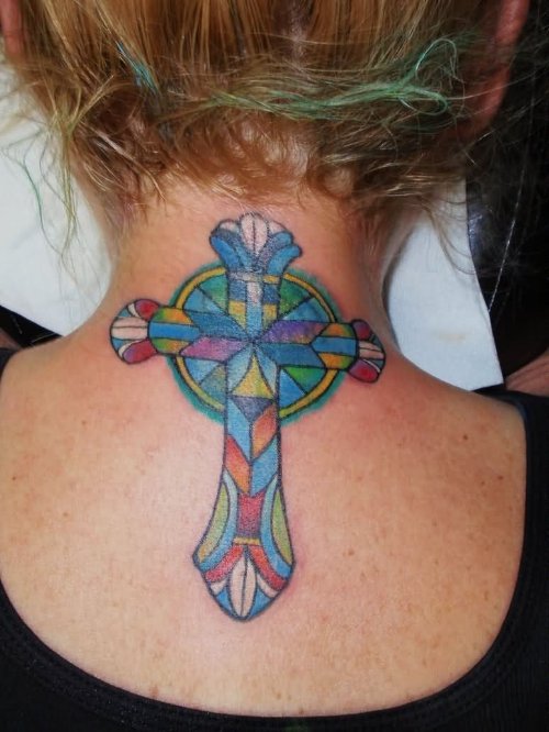 Stained Glass Cross Tattoo On Nape
