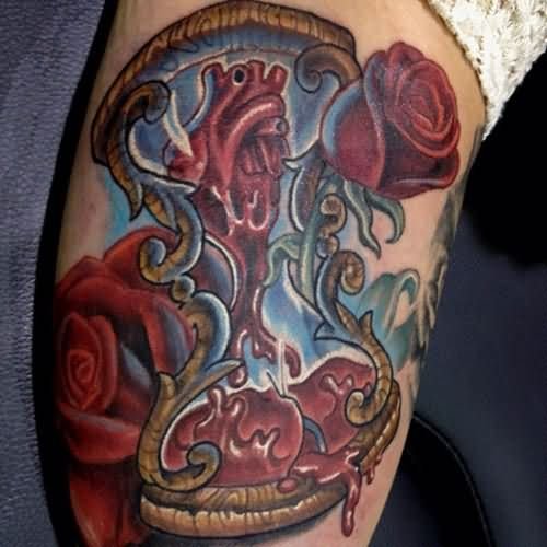 Red Rose And Bleeding Heart Hourglass Tattoo