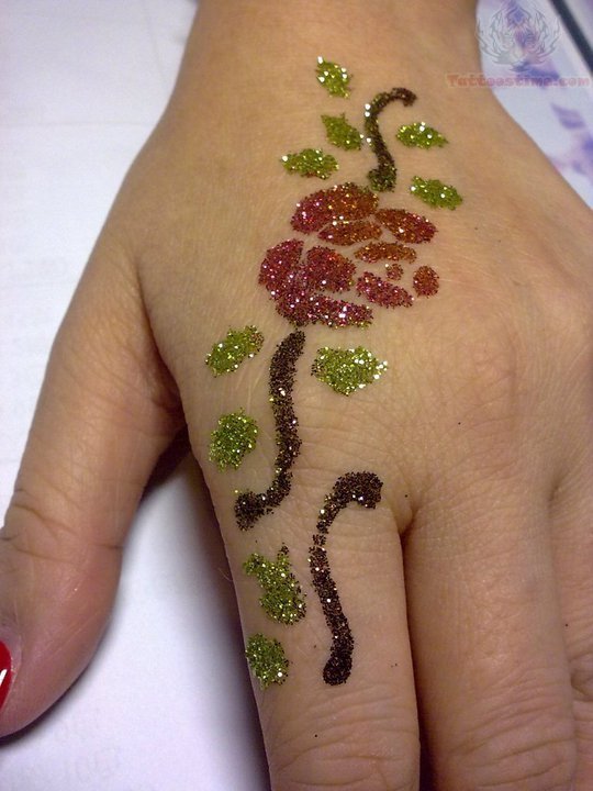 Glitter Flower Tattoo On Left Hand