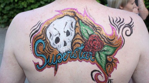 Superstar Skull Glitter Tattoo On Upperback