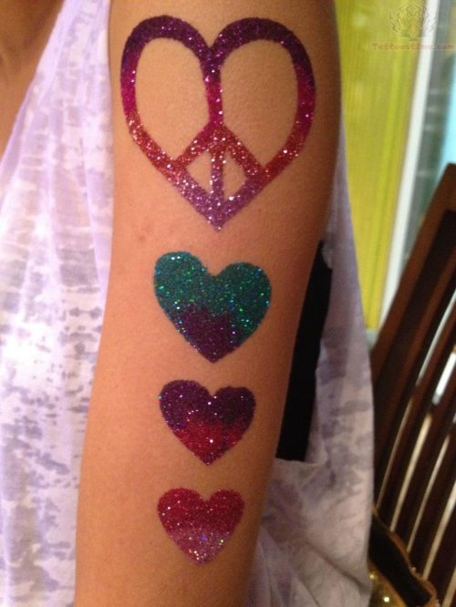 Peace Heart Glitter Tattoos On Bicep