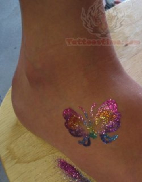Glitter Butterfly Tattoo On Right Foot