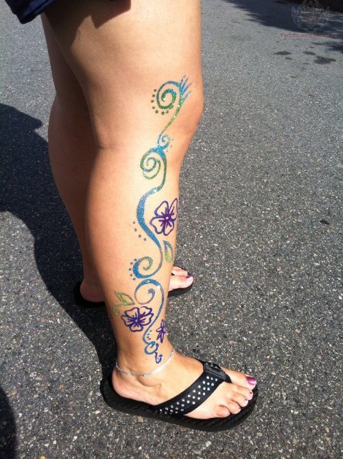 Glitter Flowers Tattoo On Girl Right Leg