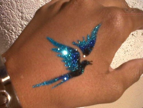 Flying Bird Glitter Tattoo On Hand