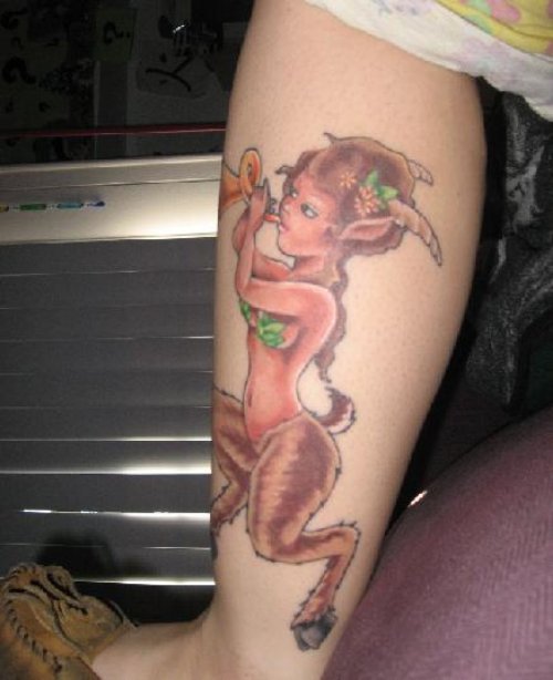 Left Leg Goat Girl Color Ink Tattoo