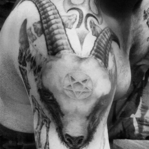 Grey Ink Large Goat Head Tattoo On Right Shoulder