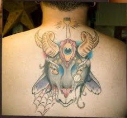 Color Ink Goat Head With Third eye Tattoo On Back