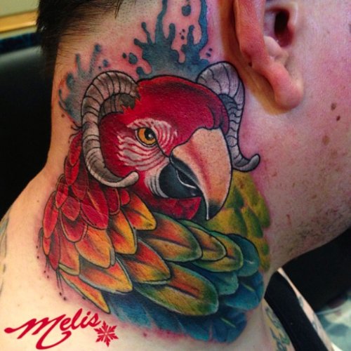 Parrot Head Colored Ink With Goat Horns Tattoo On Neck