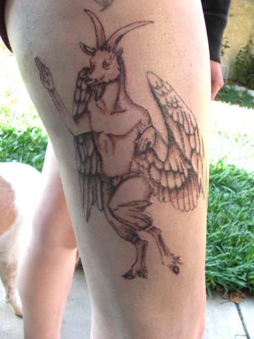 Grey ink Goat With Angel Wings Tattoo On Thigh