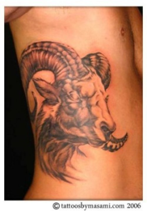 Rib Side Grey Ink Goat Tattoo
