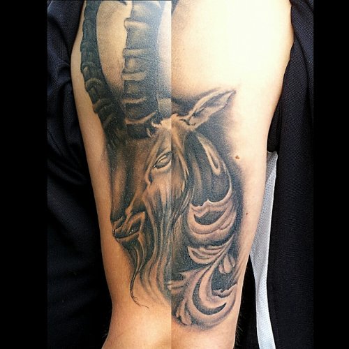 Half Sleeve Goat Head Grey Ink Tattoo