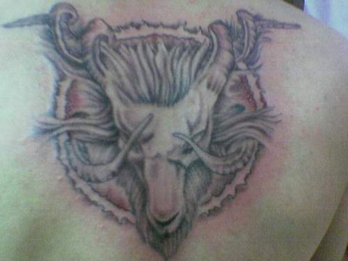 Grey Ink Goat Head Back Body Tattoo
