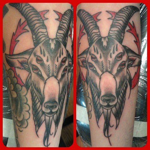 Amazing Grey Ink Goat Head Tattoo Design
