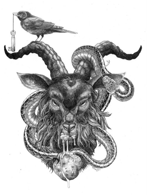 Bird Sitting on Goat Horn And Snake Tattoo Design
