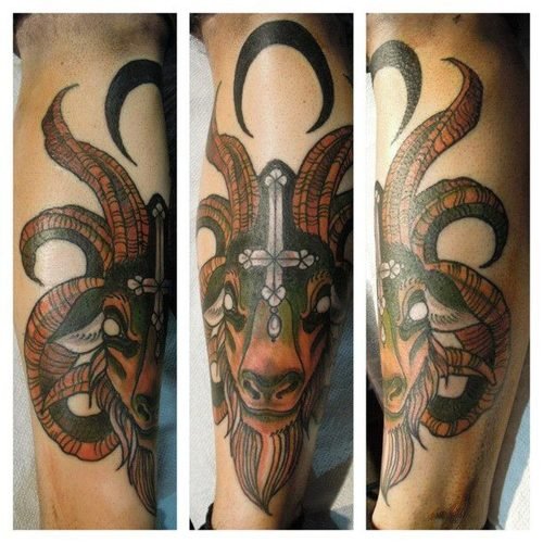 Cross And Color Ink Goat Tattoo