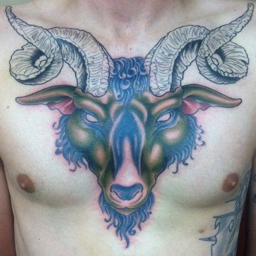 Fantastic Goat Head Tattoo On Man Chest