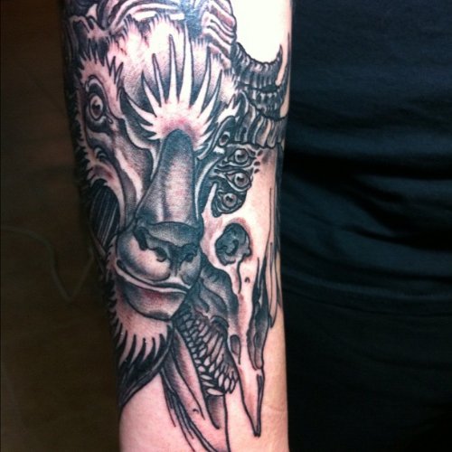 Dark Grey Ink Goat Tattoo On Right Sleeve