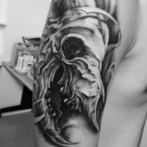 Goat Skull Grey Ink Tattoo On Half sleeve