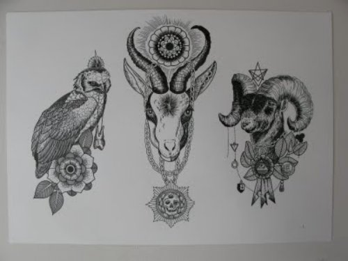 Goat Heads With Flowers Tattoo Design