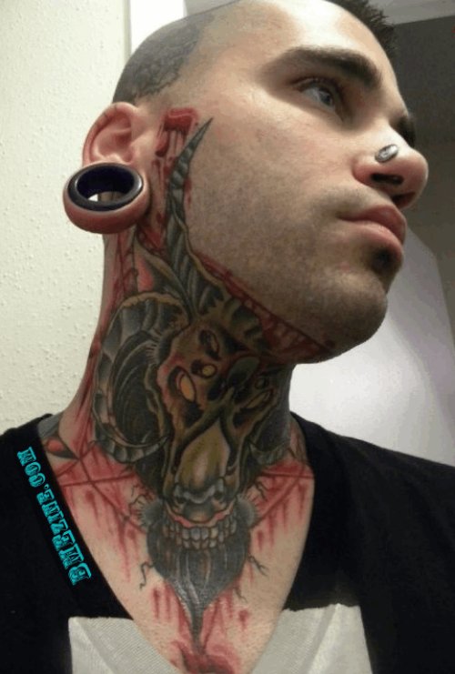 Color Ink Goat Head Tattoo On Neck