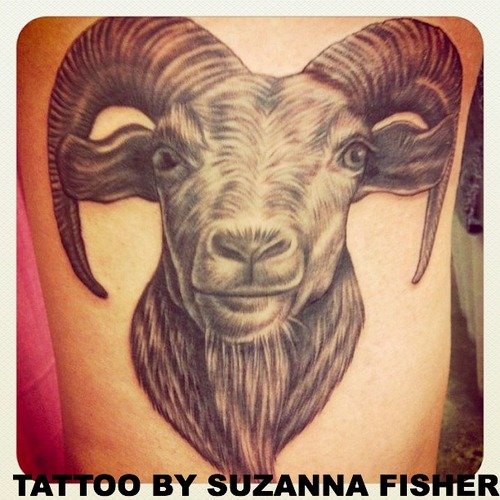 Fantastic Bicep Grey Ink Goat Head Tattoo