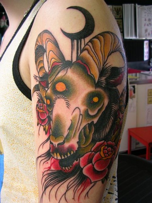 Black Ink Moon And Goat Head And Red Rose Tattoo On Left Half Sleeve