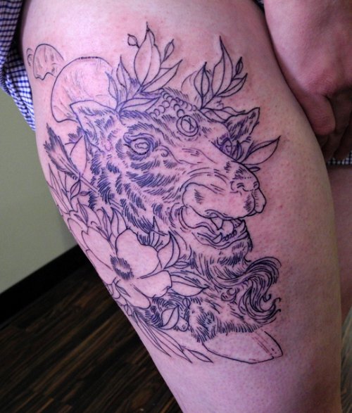 Thigh Goat Outline Tattoo