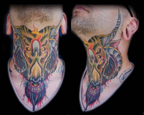 Goat Skull Color Ink Tattoo On Man Neck