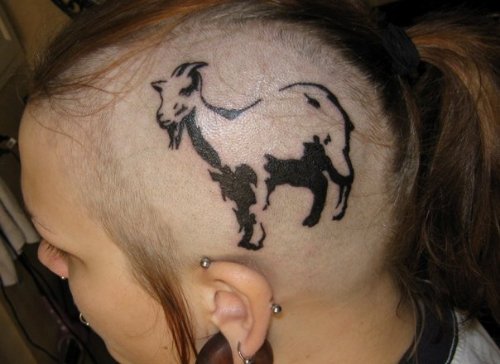 Black Ink Goat Tattoo On Head