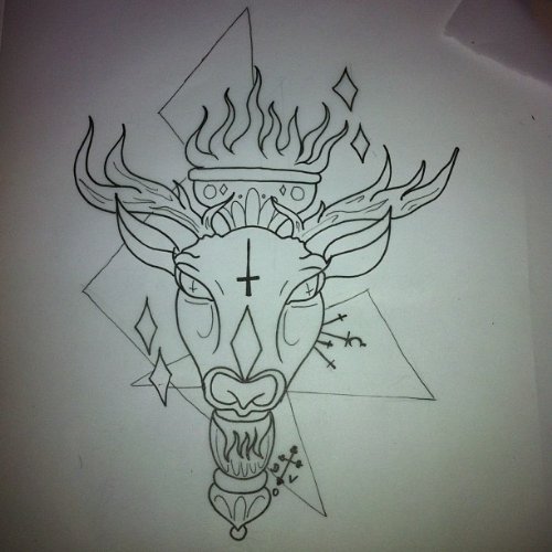 Outline Goat Head Flaming Tattoo Design