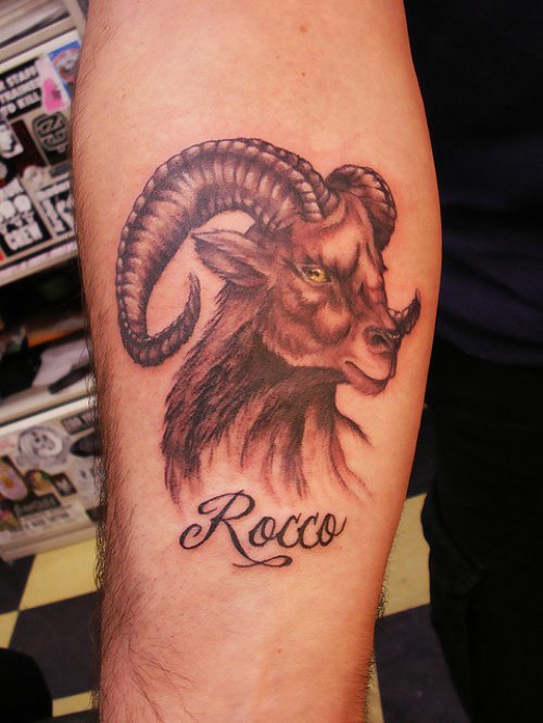 Grey Ink Goat Head Tattoo On Right Arm