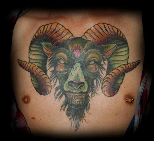 Color Ink Goat Head Tattoo On Chest
