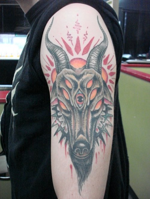 Left Bicep Goat Grey Ink Tattoo