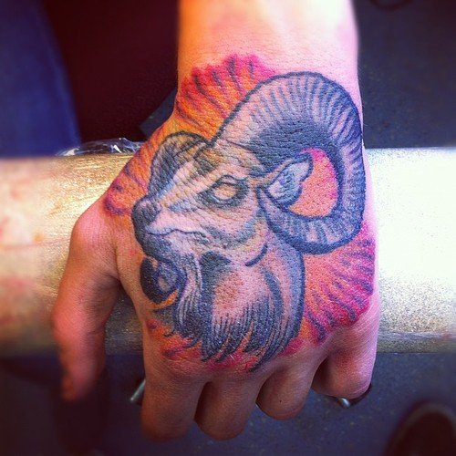 Goat Head Tattoo On Left Hand