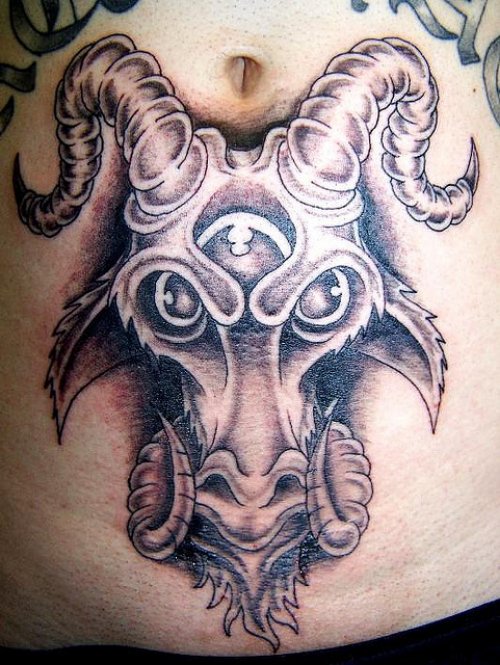 Goat Head Grey Ink Belly Tattoo