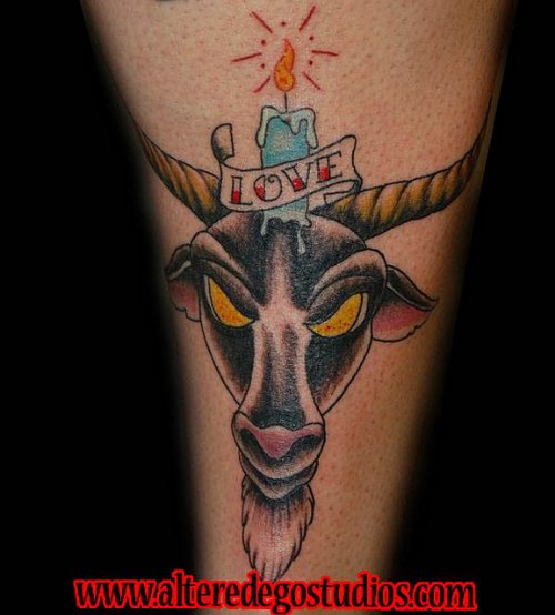 Burning Candle With Love Banner and Goat Head Tattoo