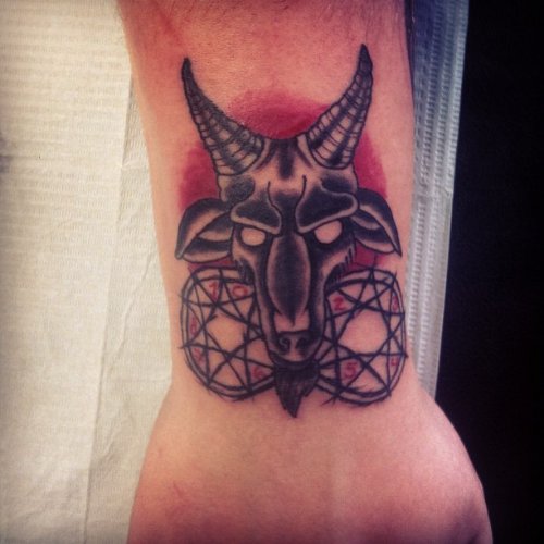 Black ink Pentagram And Goat Head Tattoo on Arm