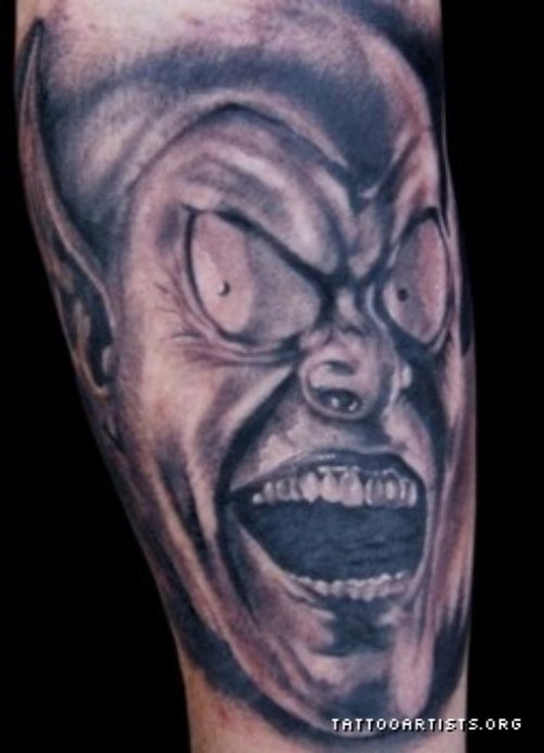 Attractive Grey Ink Goblin Tattoo On Sleeve